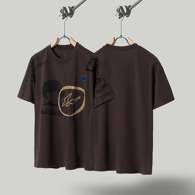 Travis Scott T-Shirt Travis Scott ts Face Print Short Sleeve T-Shirt Loose Crew Neck