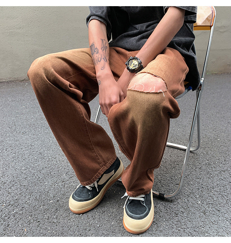 Men Jeans Vintage Brown Jeans Summer Straight Ripped Trousers