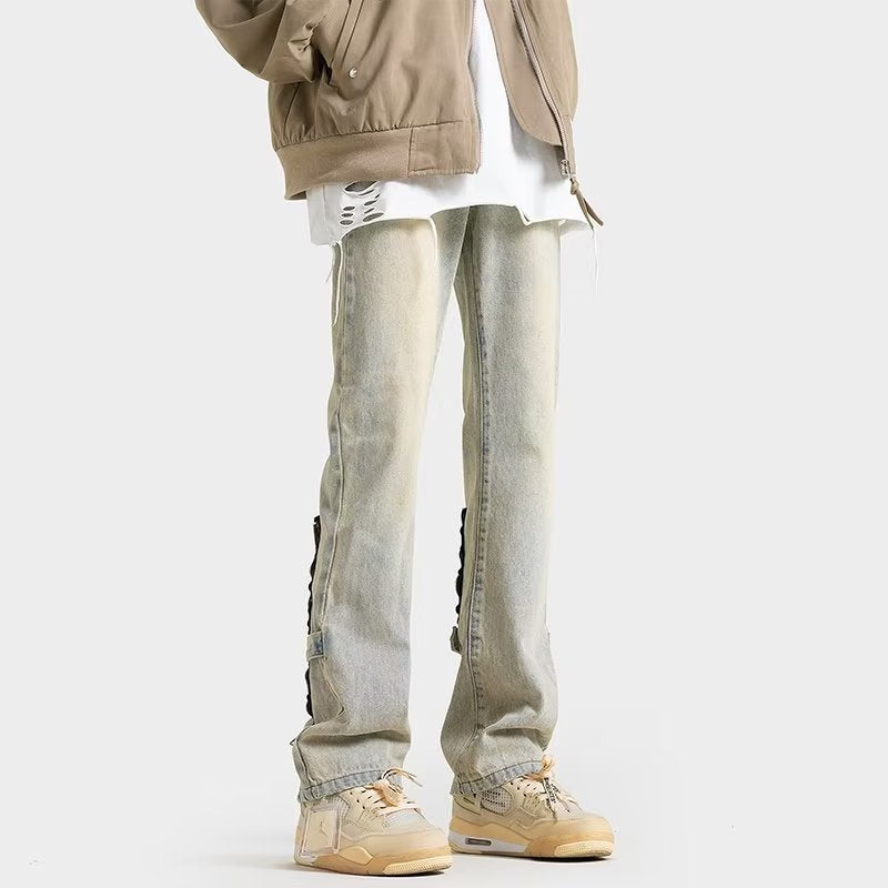 Men Jeans Spring Straight Casual Trousers Vintage Zipper Bootcut Trousers