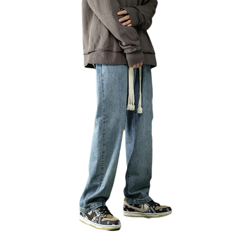 Men Jeans Spring and Autumn Straight Loose Drawstring Vintage