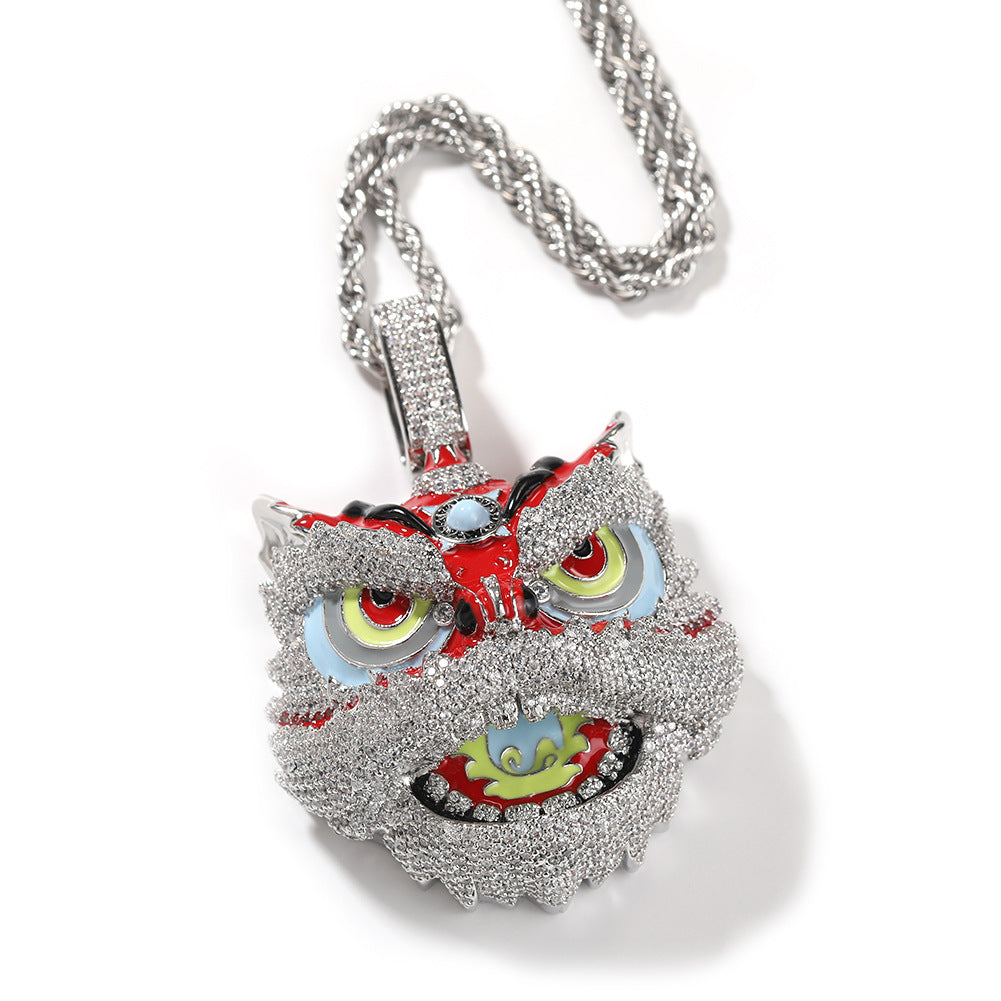 Jewelry Vintage Creative Lion Dance Hip Hop Copper Inlaid Zircon Colored Lion Head Necklace Far East Spectrum Animal St. Valentine's