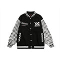 Unisex Jacket Checkerboard PU Leather Baseball Uniform Embroidered Baseball Jacket Jacket