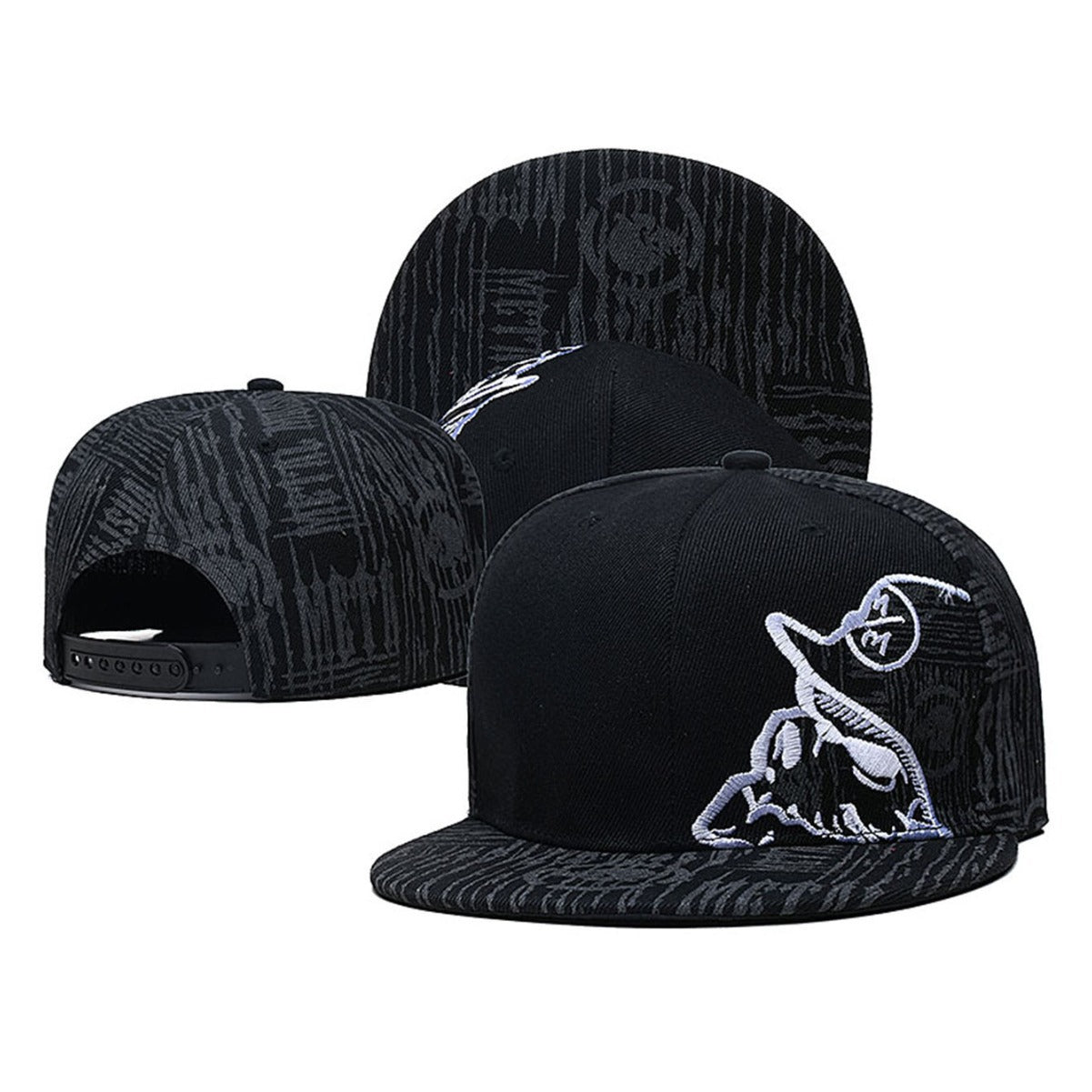 Trendy flat brimmed snapback hats black skull music