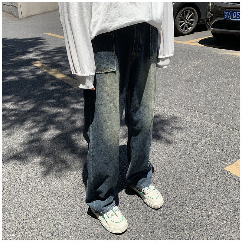 Men Jeans Retro Loose Straight-Leg Wide-Leg Pants