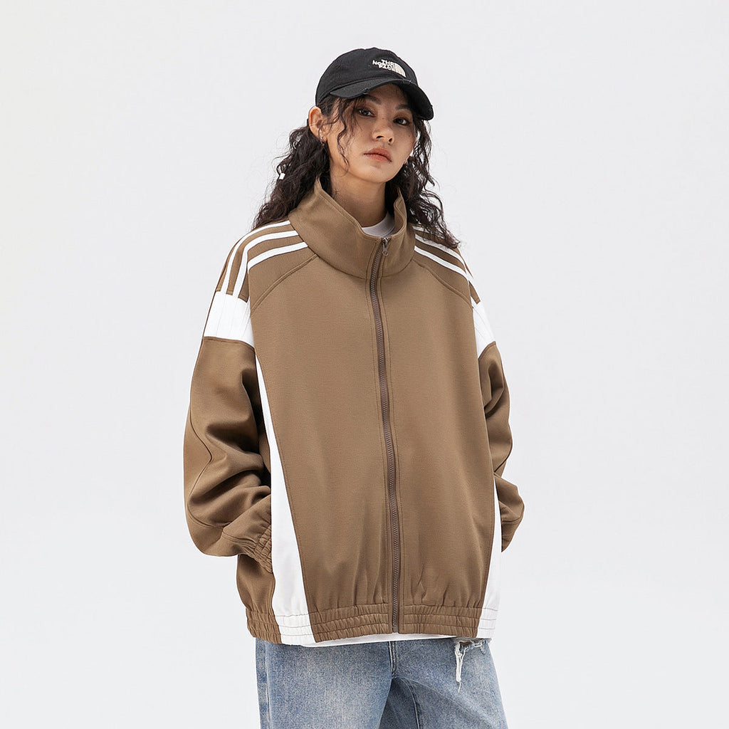 Unisex Jacket Vintage Color Stitching Stand-Collar Sports Jacket for Men and Women Casual Loose Jacket
