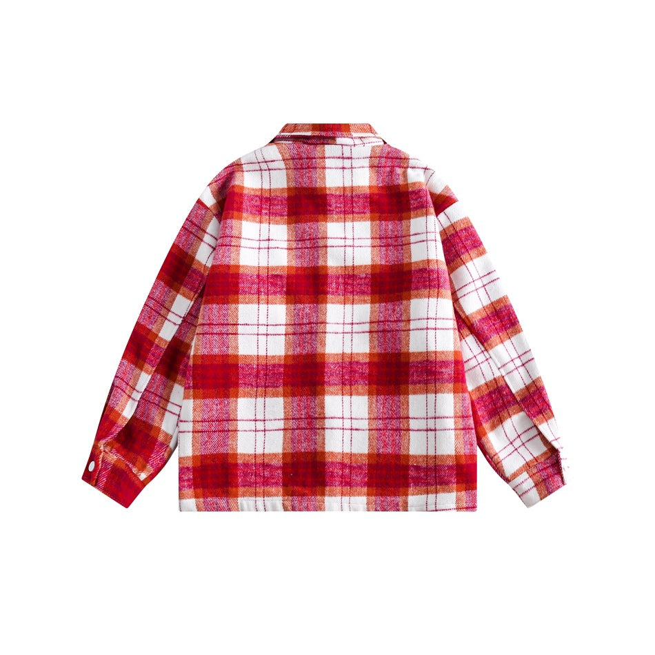 Unisex Jacket Polo Collar Jacket Men and Women Loose Woolen Plaid Coat