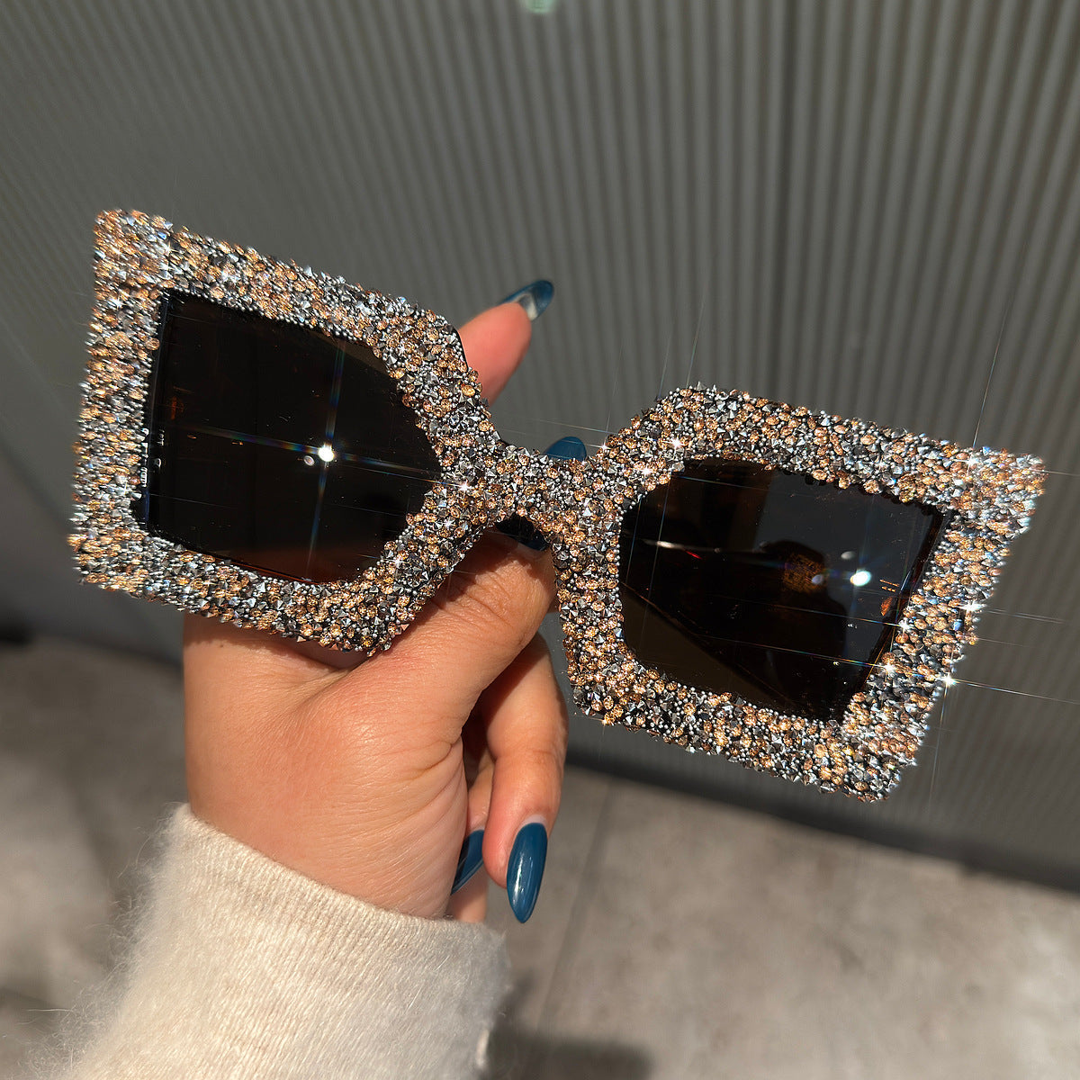 Trendy punk glasses full diamond wide legs