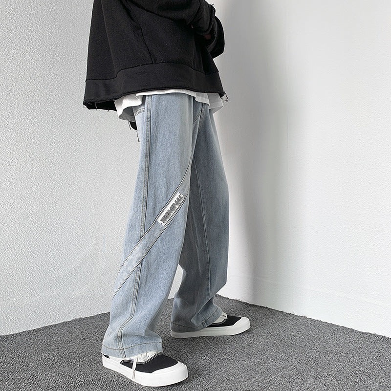 Men Jeans Washed Jeans Men's Casual Trousers Straight Loose Wide Leg Pants