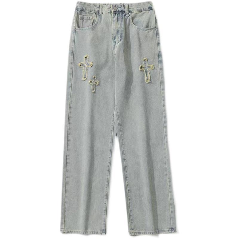 Men Jeans Retro Washed Cross Embroidered Jeans