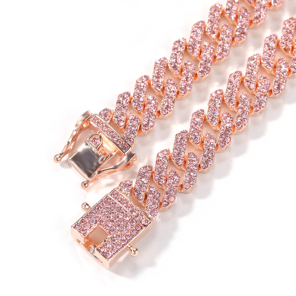 Bracelet Cuban Chain Necklace ins Wind Rose Gold Pink Diamond Alloy Hip Hop Spectrum St. Valentine's