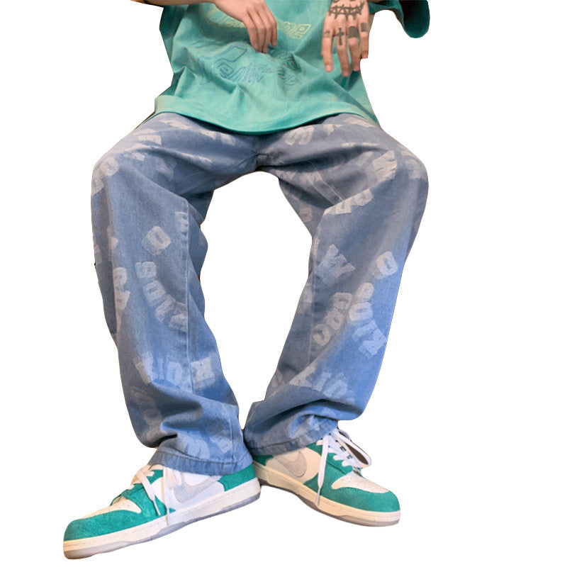 Men Jeans Hiphop Casual Loose Denim Trousers Straight-Leg Pants