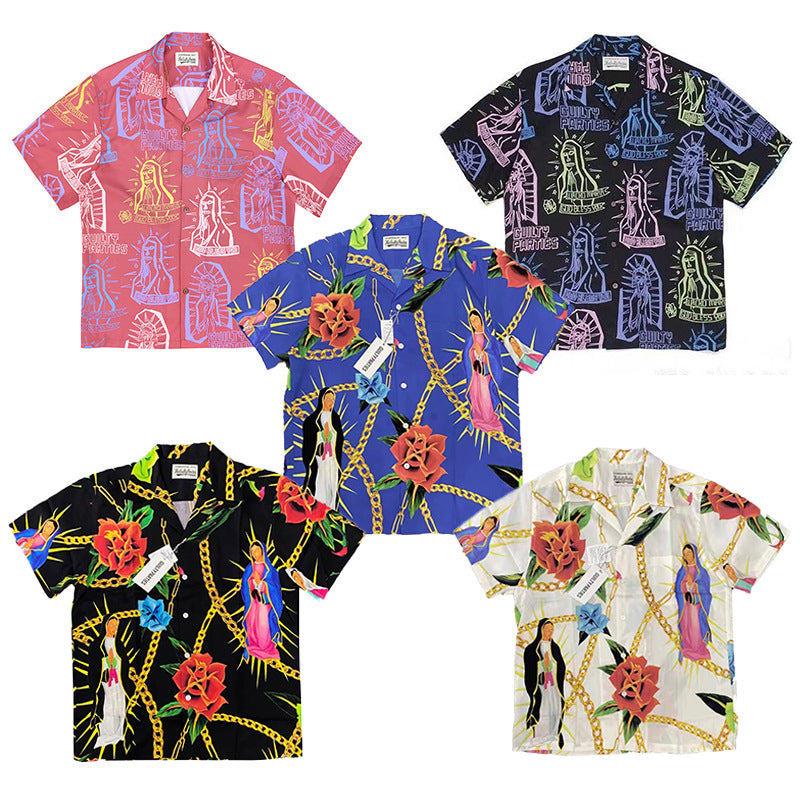 GUILTYPARTIES TIGER Shirts 20SS Bramble Flower, Virgin Mary, Hawaiian Short Sleeve Shirt Men