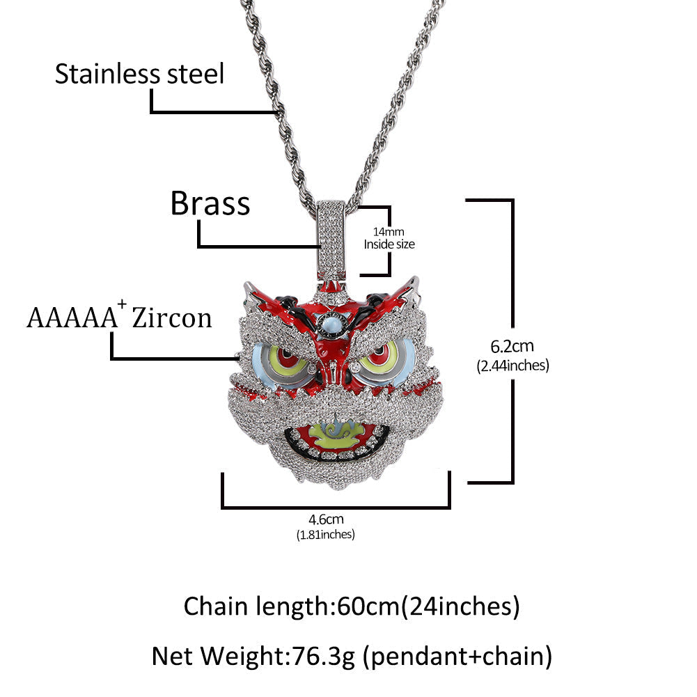 Jewelry Vintage Creative Lion Dance Hip Hop Copper Inlaid Zircon Colored Lion Head Necklace Far East Spectrum Animal St. Valentine's