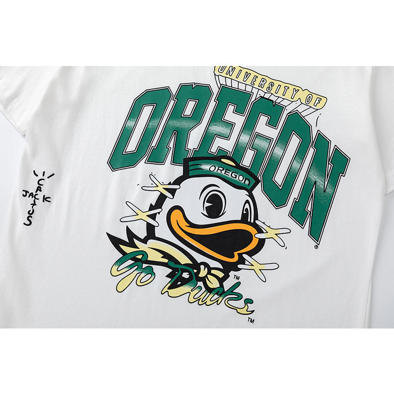 Travis Scott T Shirts x Mitchell x Ness Oregon Duck Hand-Reawn Short Sleeve