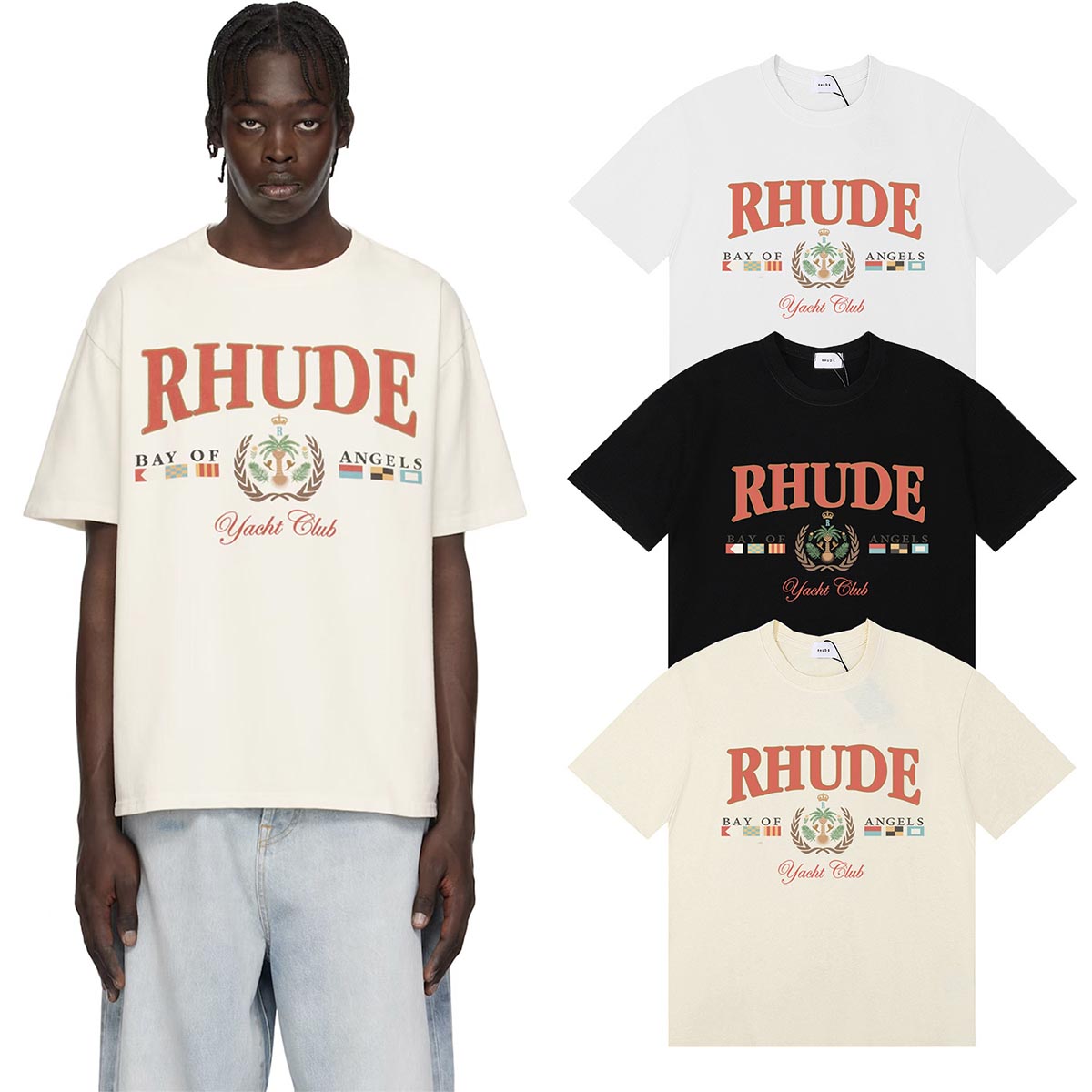 Rhude T Shirts Flag Badge Cotton Casual Short Sleeve Men and Women