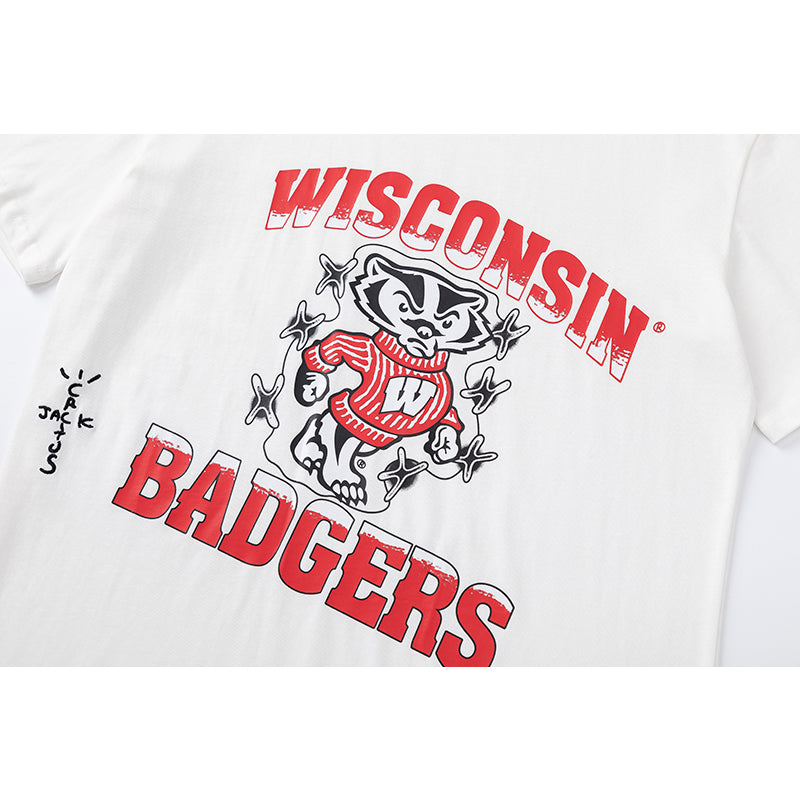 Travis Scott T Shirts x Mitchell x Ness Wisconsin Badgers Hand-Drawn collaboration short-sleeve