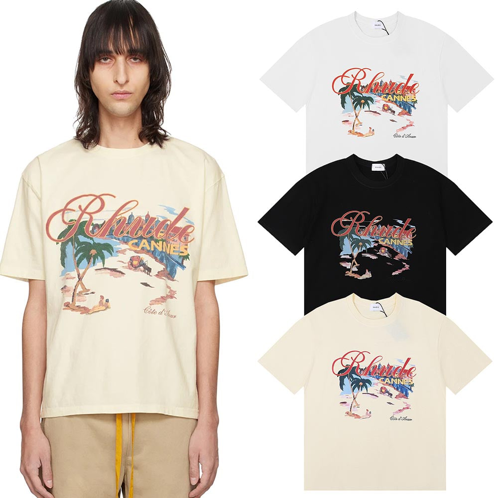 Rhude T Shirts Cannes Beach Coconut Printing Cotton Casual Short Sleeves Men and Women