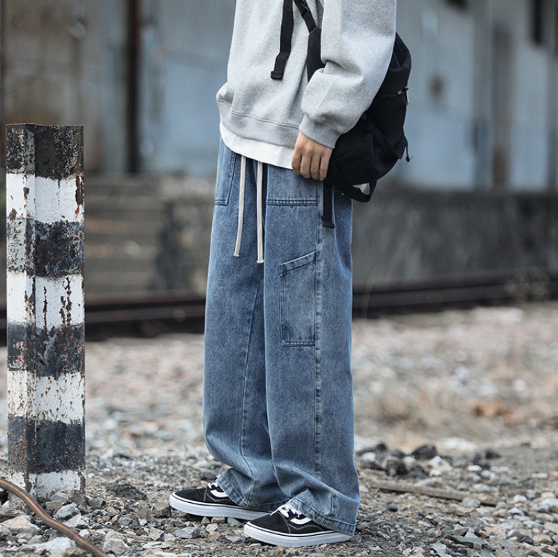 Men Jeans Retro Workwear Jeans Straight Loose plus Size Autumn and Winter Wide-Leg Pants