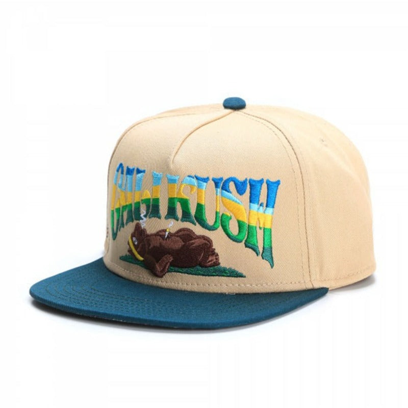 Trendy flat brimmed snapback hats cartoon bear kushstock cap for men and women