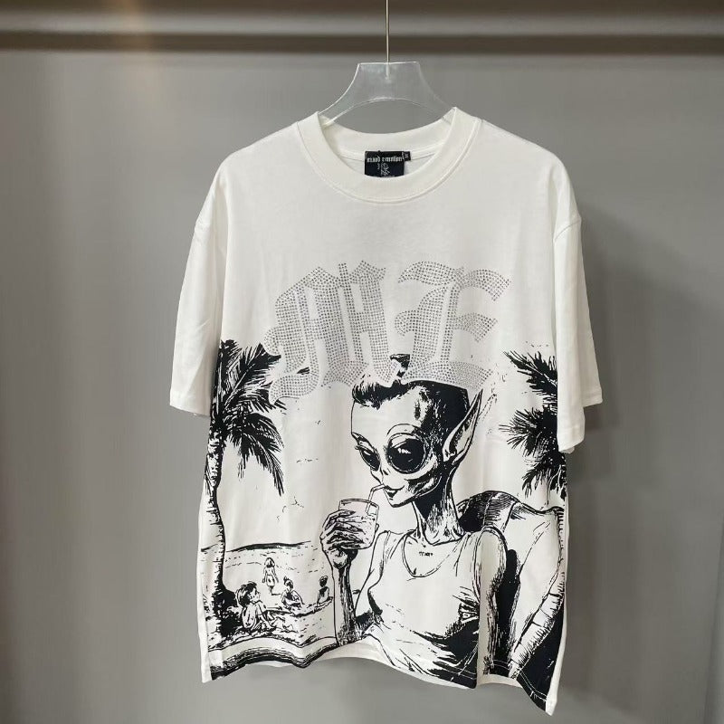 Mixed Emotion T-Shirt Alien Print Diamond Casual Loose Short Sleeve T-Shirt
