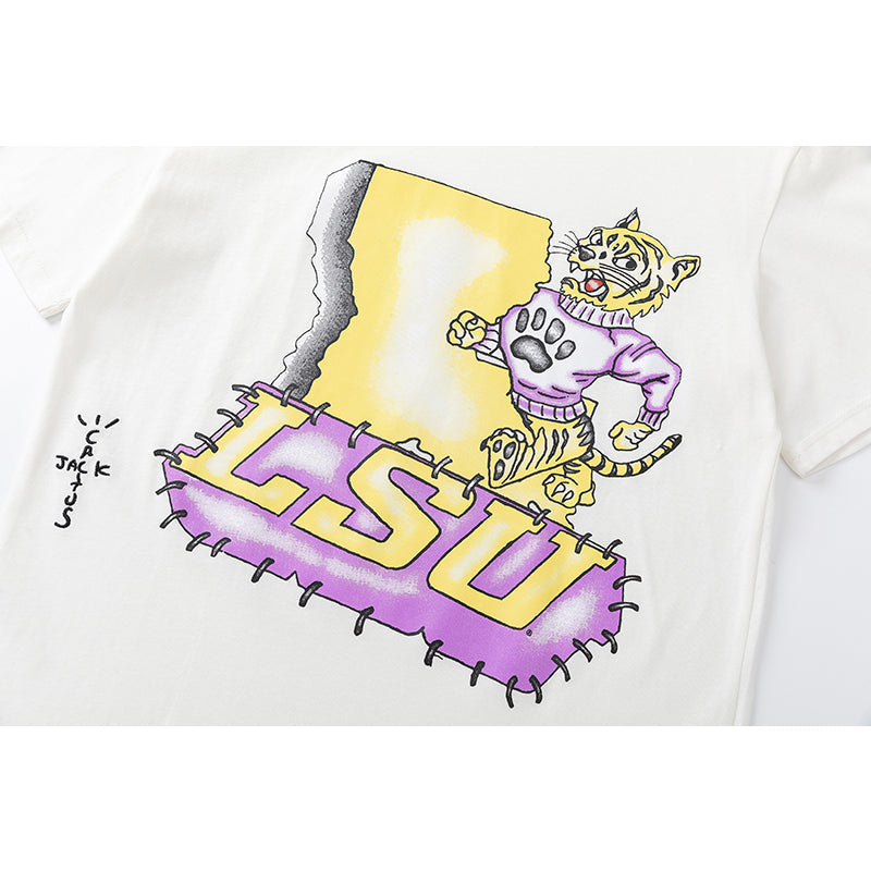 Travis Scott T Shirts x Mitchell x Ness LSU Tigers Hand-Drawn Short Sleeve