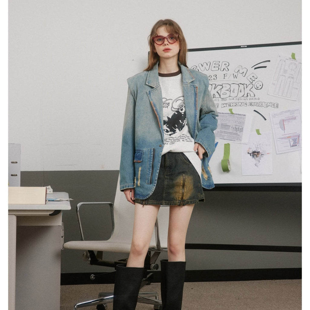 Unisex Jacket Washed Gradient Denim Jacket Men's and Women's Lapel Denim Coat
