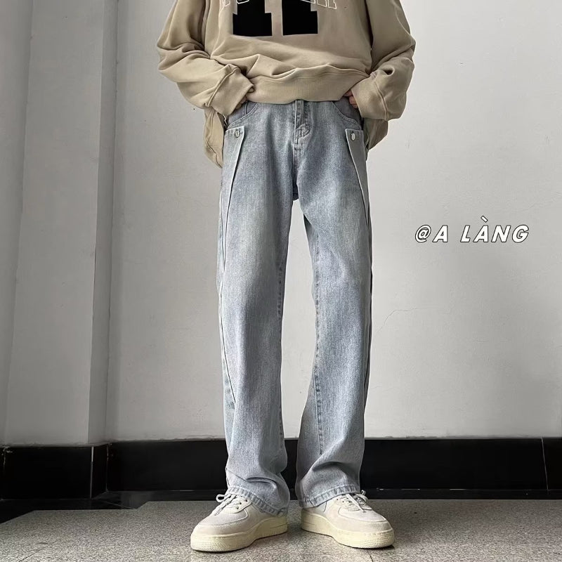 Men Jeans Washed Light Blue Jeans Slim-Fit Straight Trousers