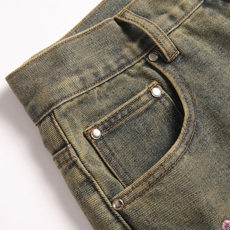 Mens Fashion Jeans Pink cherry blossom embroidery 5719#
