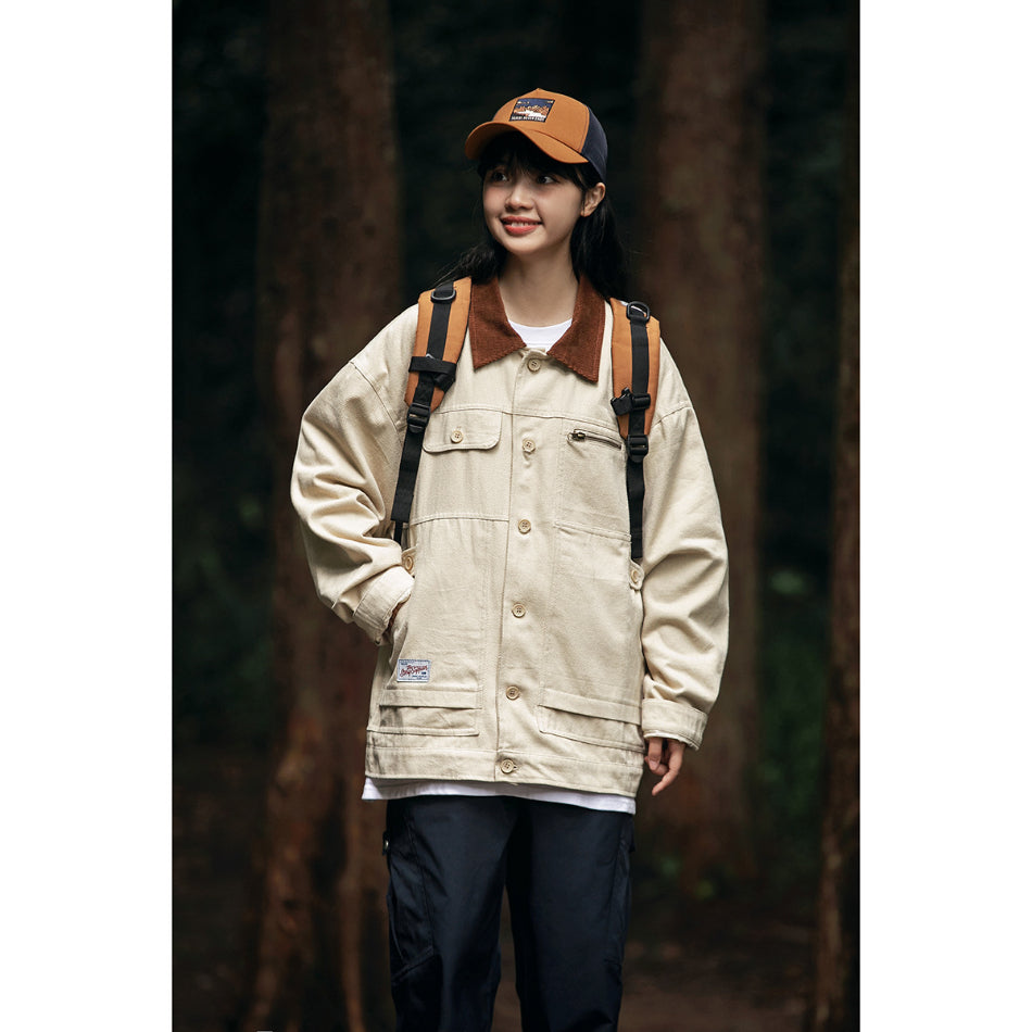 Unisex Jacket Retro Multi-Pocket Workwear Coat Loose Casual Polo Collar Jacket