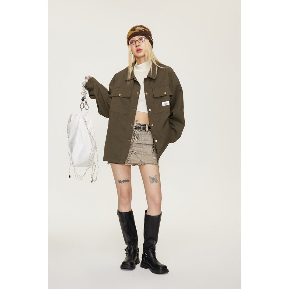 Unisex Jacket Vintage Coat Loose Casual Polo Collar Workwear Jacket