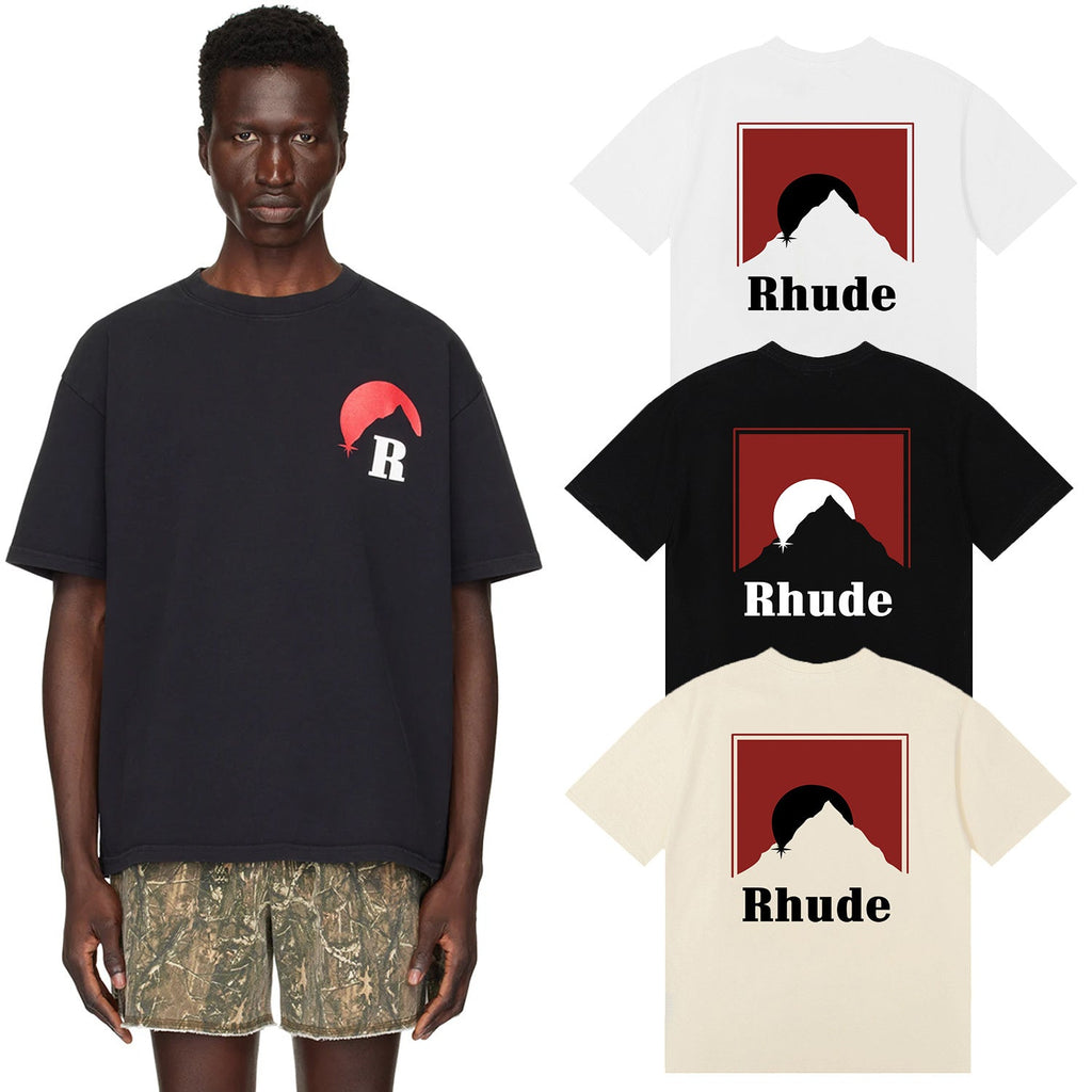 Rhude T Shirts Red Sunset Print Cotton Casual Short Sleeve Men and Women