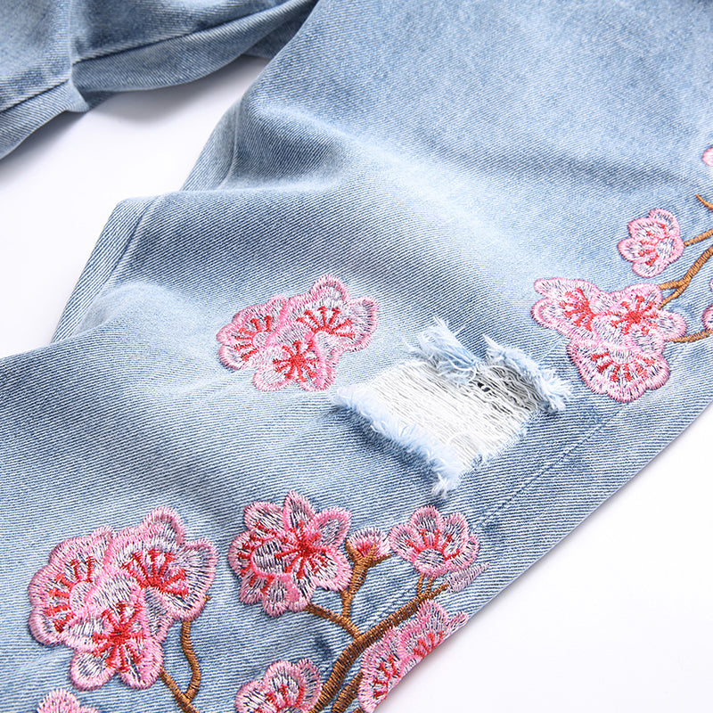 Mens Fashion Jeans Pink cherry blossom embroidered wide-leg pants 5711#