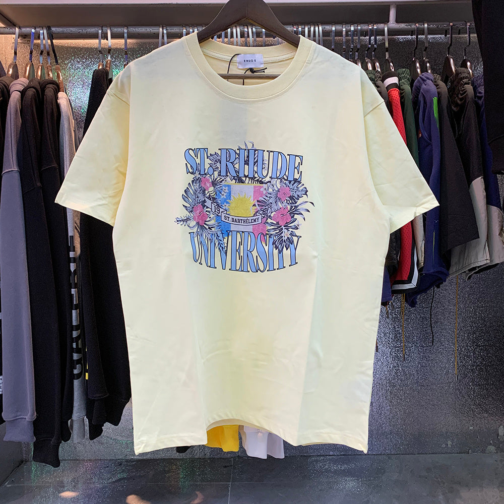 Rhude T Shirts Flag Floral Print Cotton Casual Loose Short Sleeve Men and Women