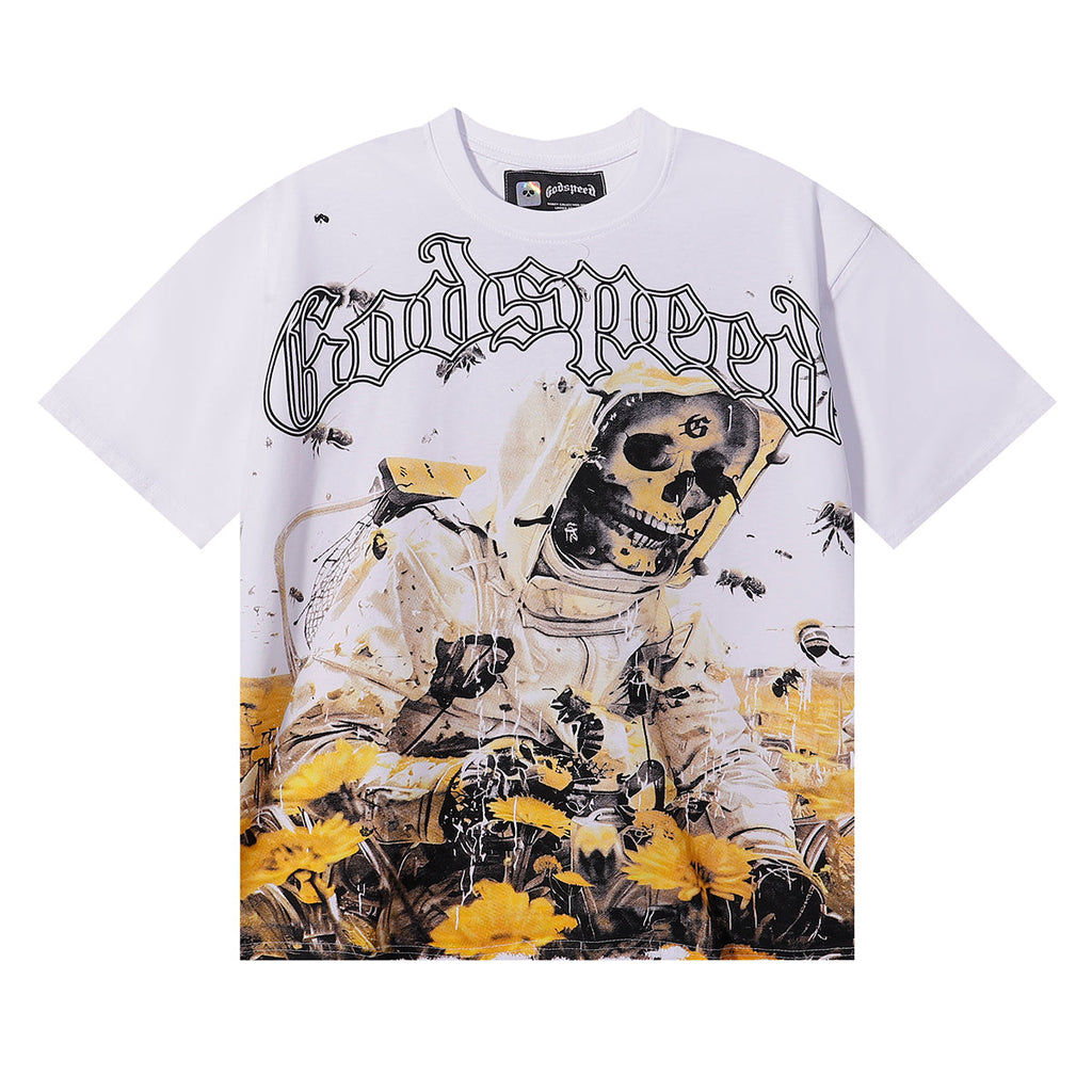 Godspeed T Shirts Skull Bee Sunflower Print Cotton Short Sleeve Men and Women
