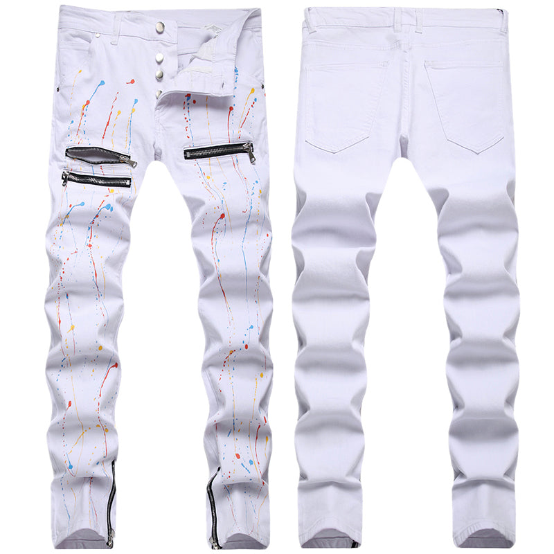 Mens Fashion Jeans Pants pocket zipper Color splatter ink 1168#