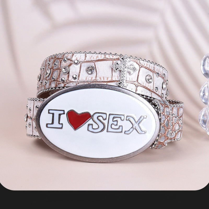 Hip-hop punk rhinestone belt heart plate buckle crocodile pattern belt
