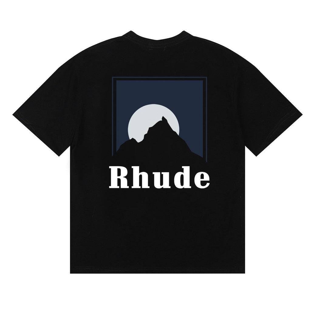 Rhude T Shirts Moonlight Blue Printed Cotton Casual Short Sleeve Men and Women