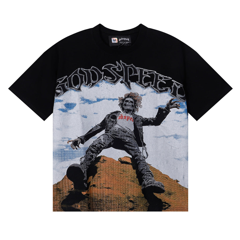 Godspeed T Shirts Falling Skull Print Cotton Casual Short Sleeve Men and Women