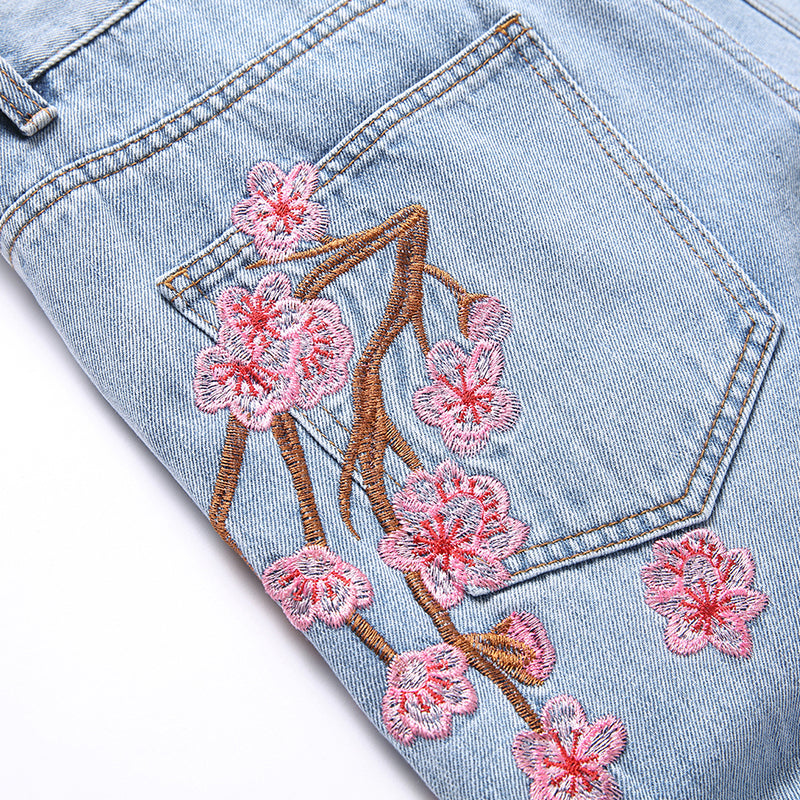 Mens Fashion Jeans Pink cherry blossom embroidered wide-leg pants 5711#