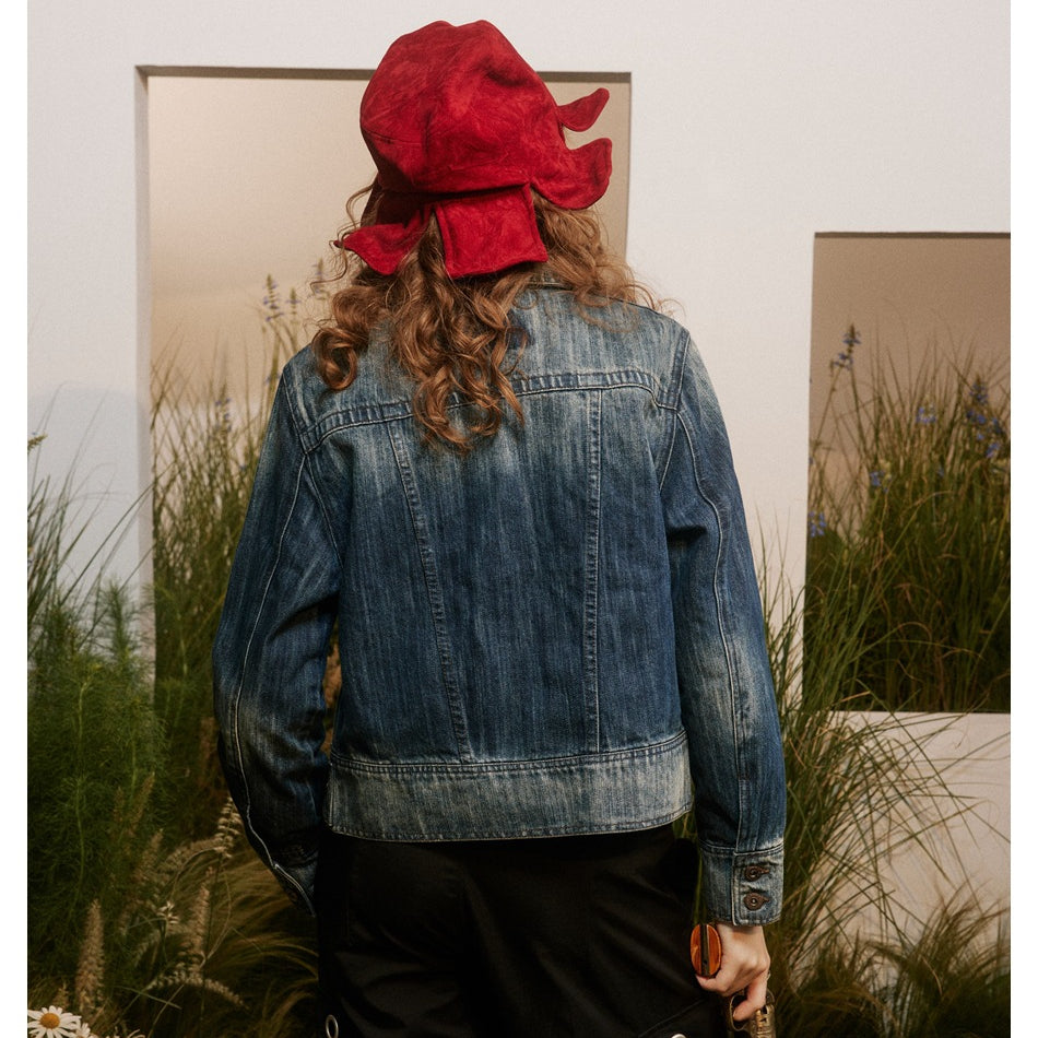 Unisex Jacket Vintage Top Washed Denim Jacket for Women Turn-down Collar Coat Spring and Autumn