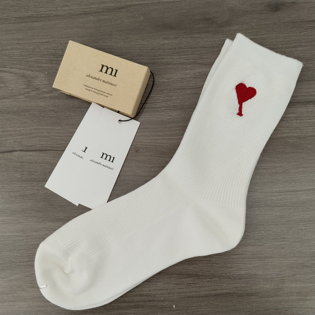 Ami Socks Rice peach heart black and white gray double needle embroidery tall tube casual solid color