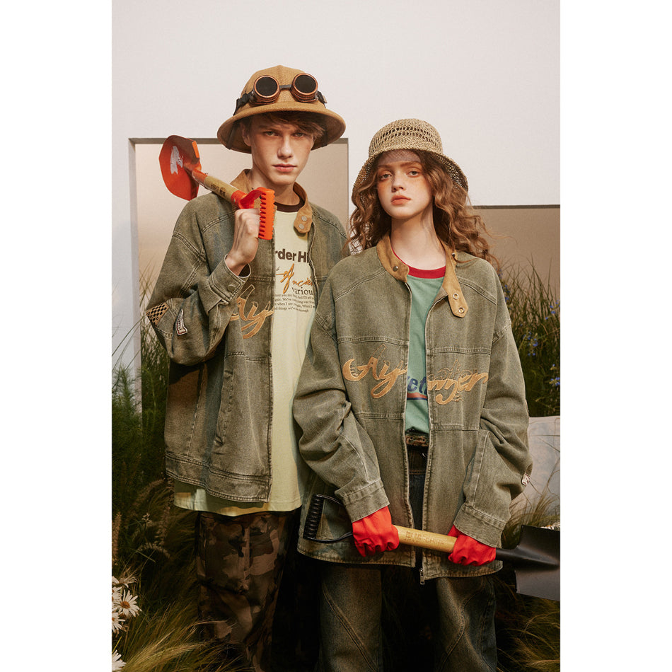 Unisex Jacket Vintage Racing Stand Collar Denim Jacket Spring and Autumn Coat Motorcycle Jacket