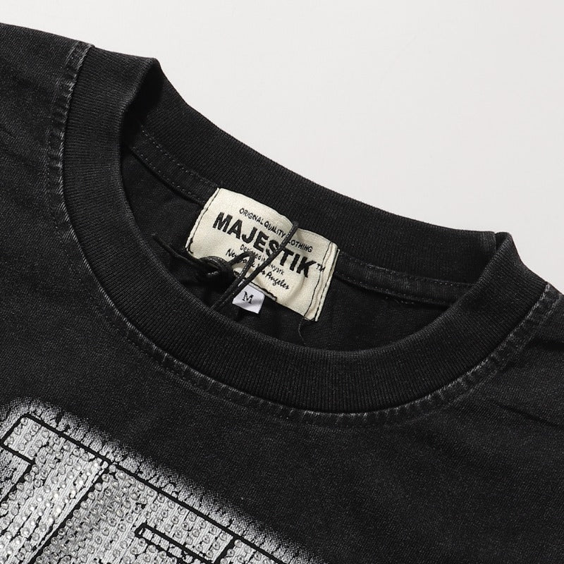 MAJESTIK T Shirts Death Chain Garment Dyed Printing Crop Tee Hot Diamond