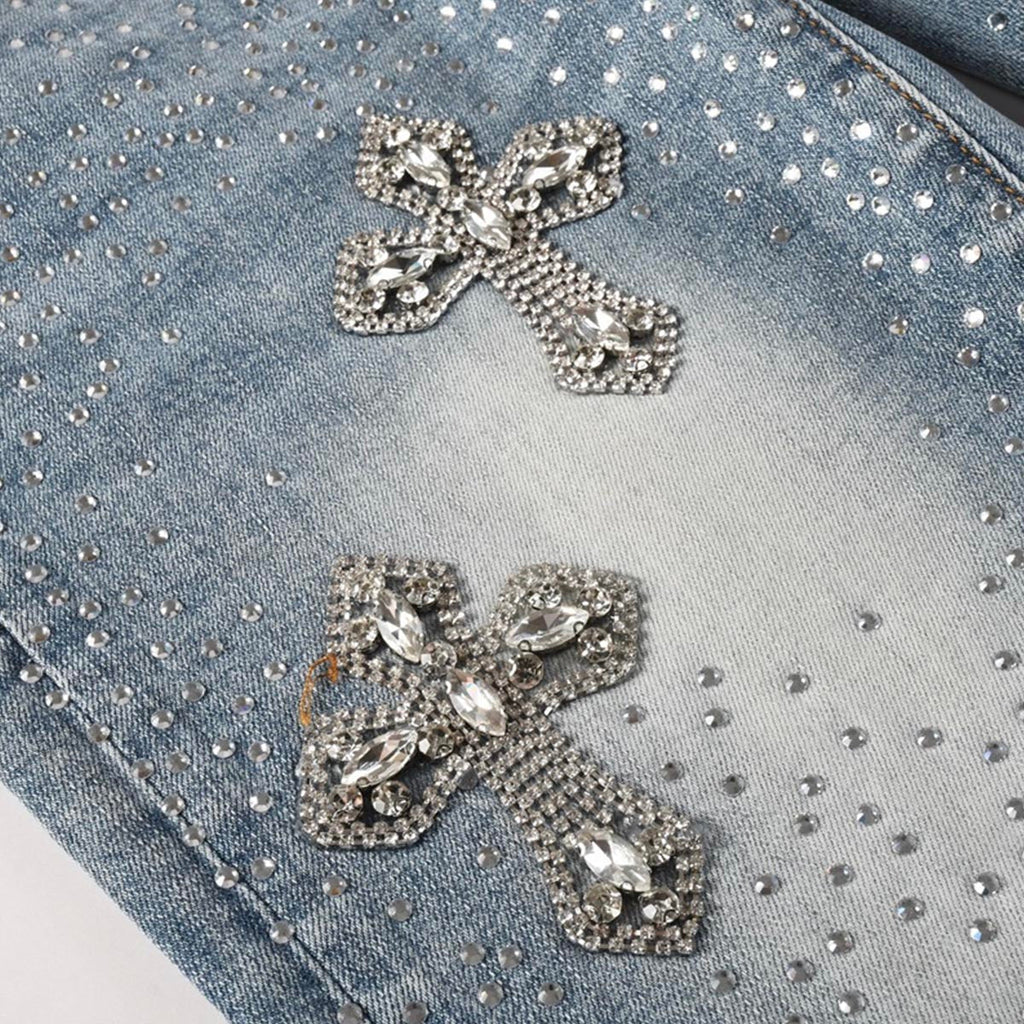 Mens trendy purple jeans, 100% cotton Jeans Rhinestones #9132