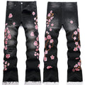 Mens Fashion Jeans Pink cherry blossom embroidered wide-leg pants 5710#