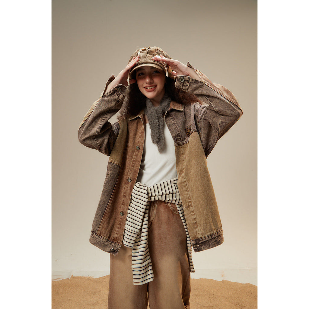 Unisex Jacket Washed Denim Jacket Lapel Loose Overalls