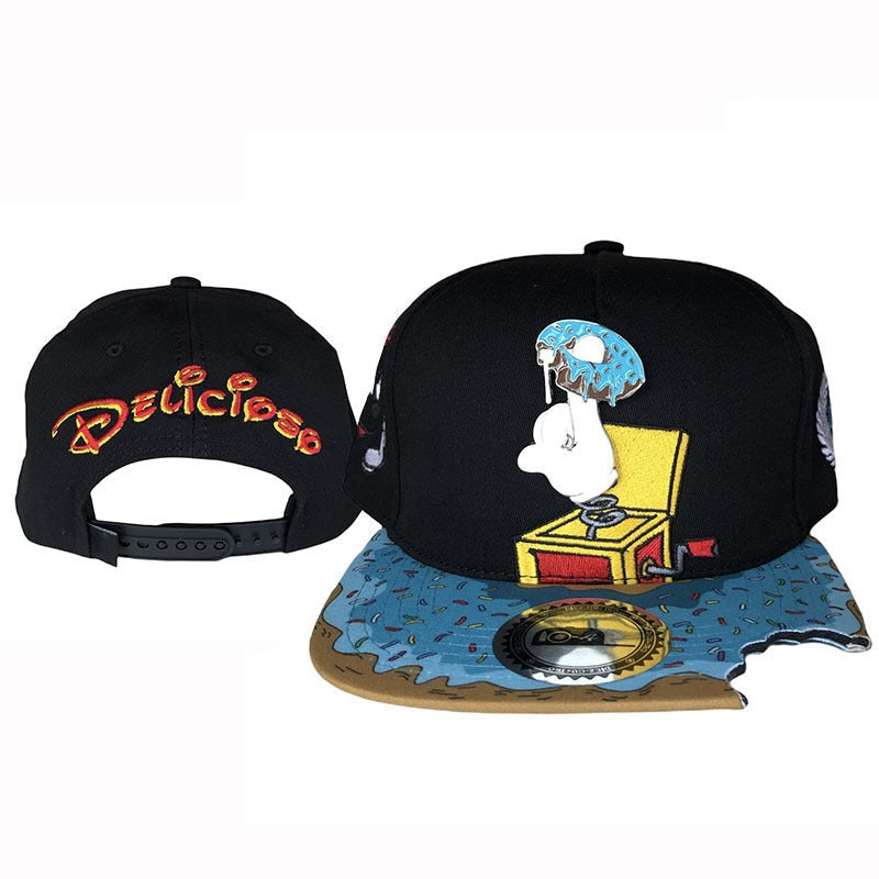Trendy flat brimmed snapback hats cartoon missing corner bite