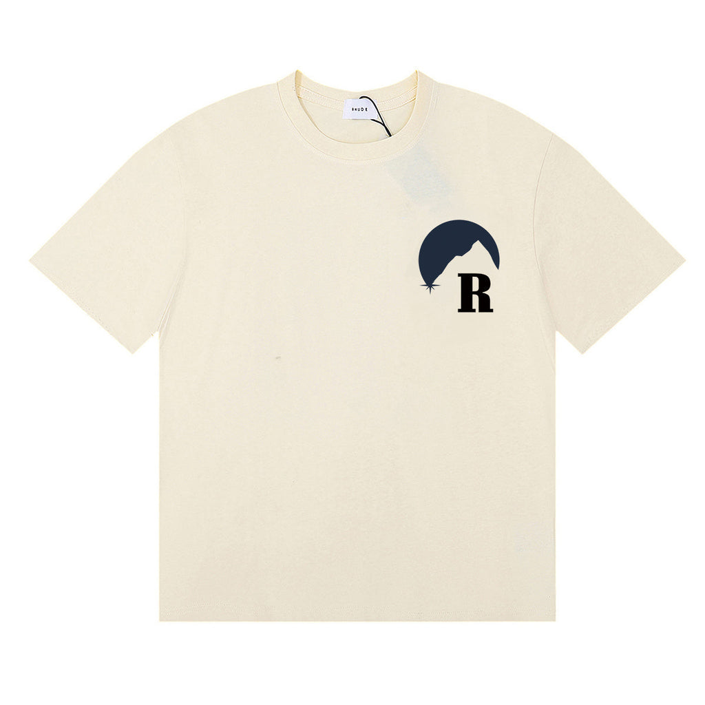 Rhude T Shirts Moonlight Blue Printed Cotton Casual Short Sleeve Men and Women