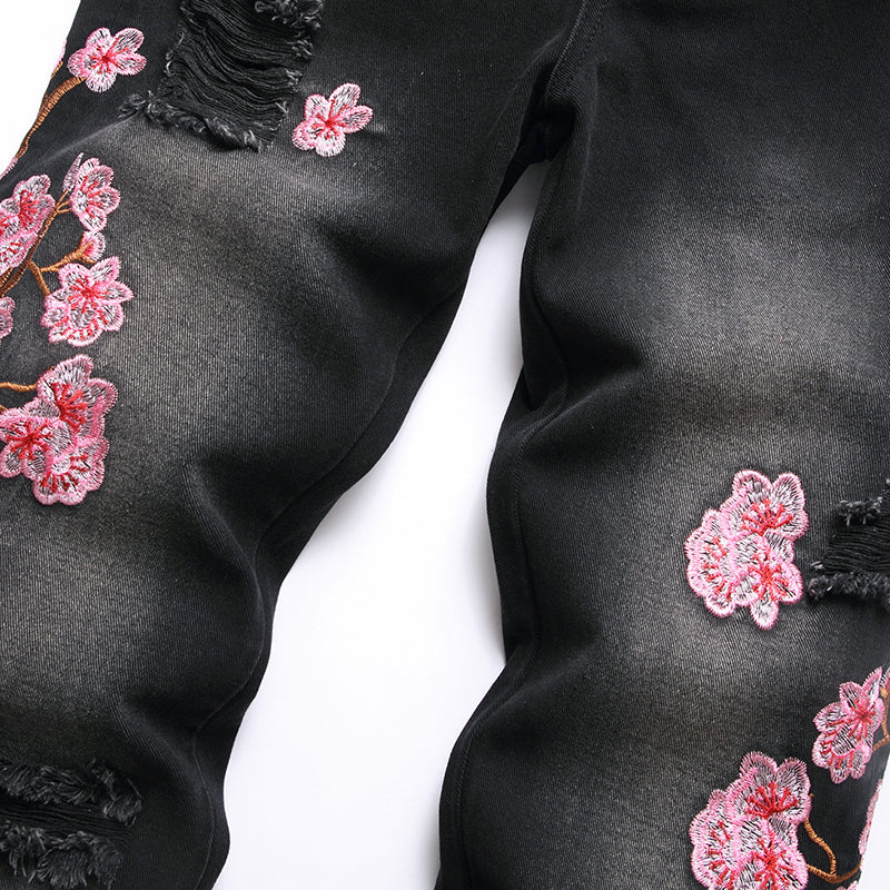 Mens Fashion Jeans Pink cherry blossom embroidered wide-leg pants 5710#