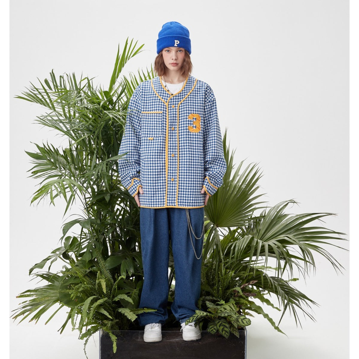 Unisex Jacket Baseball Clothing Jacket Men and Women Couple's Collarless Houndstooth Design Jacket